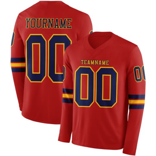 LongSleeve0600 Custom Red Navy-Gold Long Sleeve Authentic Football Jersey