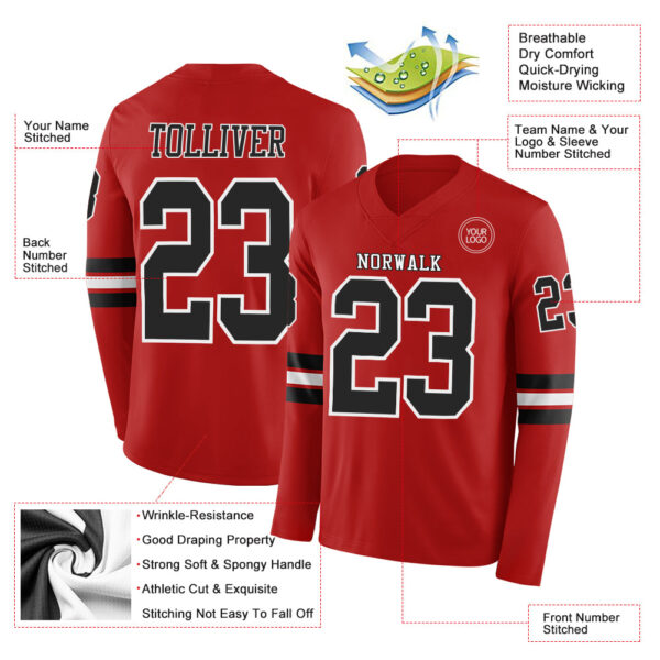 Custom Red Black-White Long Sleeve Authentic Football Jersey