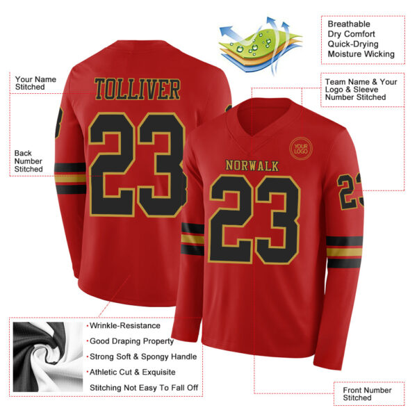 Custom Red Black-Old Gold Long Sleeve Authentic Football Jersey