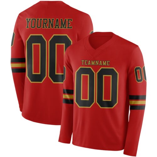 LongSleeve0604 Custom Red Black-Old Gold Long Sleeve Authentic Football Jersey