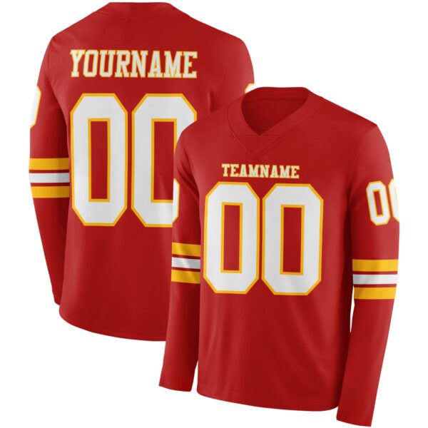 Custom Red White-Gold Long Sleeve Authentic Football Jersey