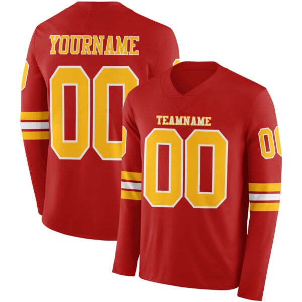 Custom Red Gold-White Long Sleeve Authentic Football Jersey