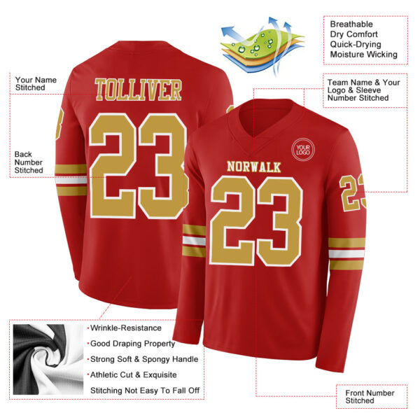 Custom Red Old Gold-White Long Sleeve Authentic Football Jersey