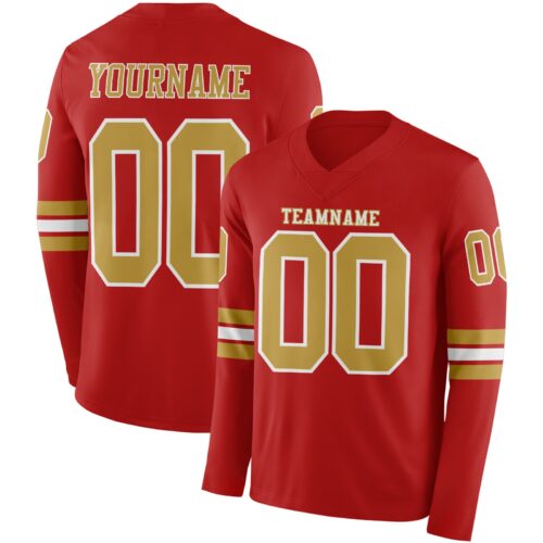 LongSleeve0608 Custom Red Old Gold-White Long Sleeve Authentic Football Jersey