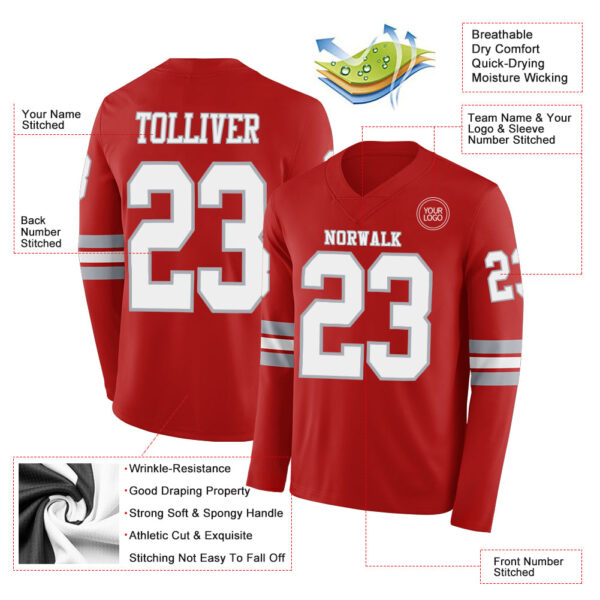 Custom Red White-Gray Long Sleeve Authentic Football Jersey