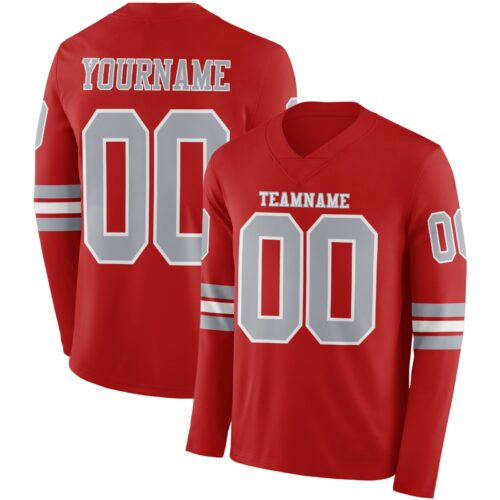 LongSleeve0610 Custom Red Gray-White Long Sleeve Authentic Football Jersey