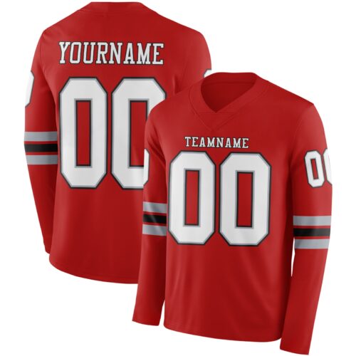 LongSleeve0611 Custom Red White Gray-Black Long Sleeve Authentic Football Jersey