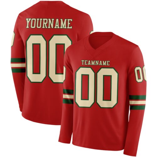 LongSleeve0612 Custom Red Cream-Green Long Sleeve Authentic Football Jersey