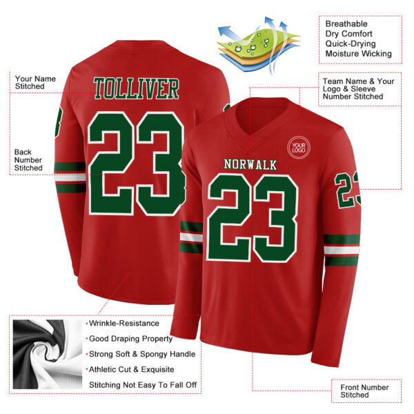 Custom Red Green-White Long Sleeve Authentic Football Jersey