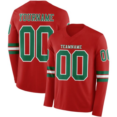 LongSleeve0614 Custom Red Kelly Green-White Long Sleeve Authentic Football Jersey
