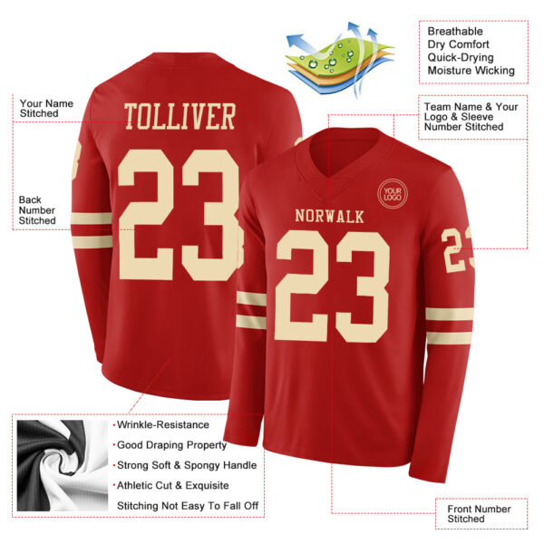 Custom Red Cream Long Sleeve Authentic Football Jersey