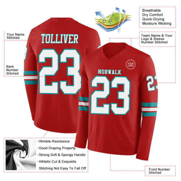 Custom Red White-Teal Long Sleeve Authentic Football Jersey