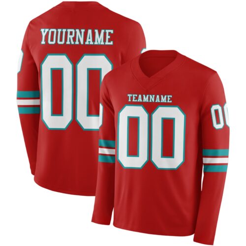 LongSleeve0618 Custom Red White-Teal Long Sleeve Authentic Football Jersey