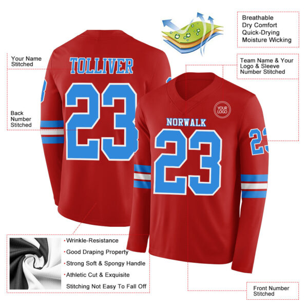 Custom Red Powder Blue-White Long Sleeve Authentic Football Jersey