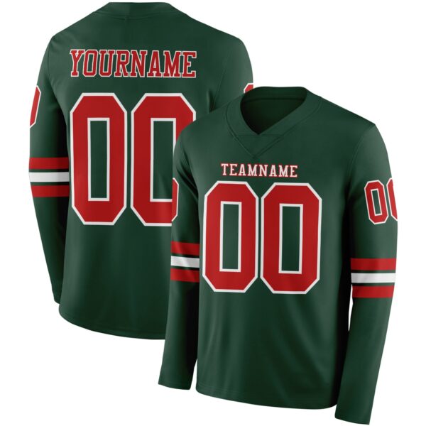 Custom Green Red-White Long Sleeve Authentic Football Jersey