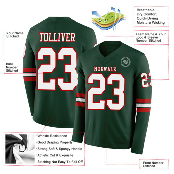 Custom Green White-Red Long Sleeve Authentic Football Jersey