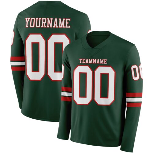 Custom Green White-Red Long Sleeve Authentic Football Jersey