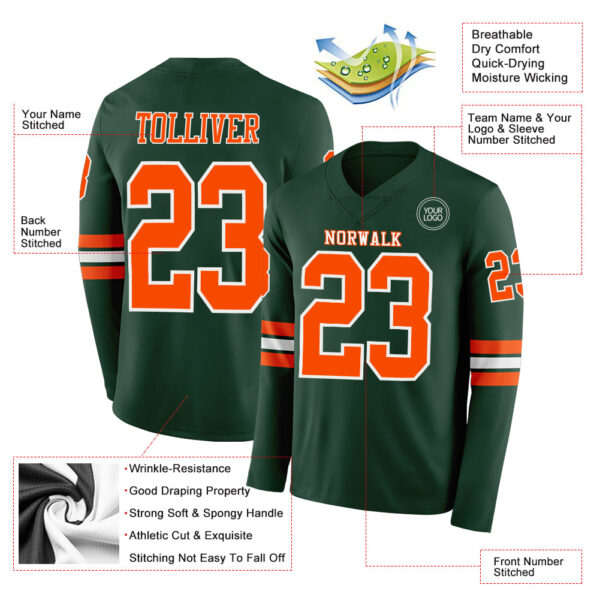 Custom Green Orange-White Long Sleeve Authentic Football Jersey