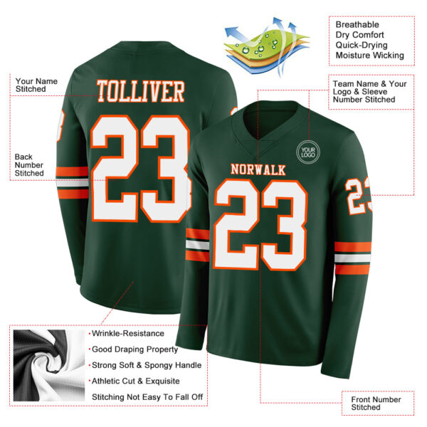 Custom Green White-Orange Long Sleeve Authentic Football Jersey