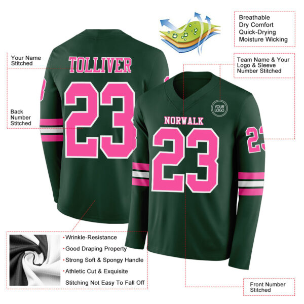 Custom Green Pink-White Long Sleeve Authentic Football Jersey