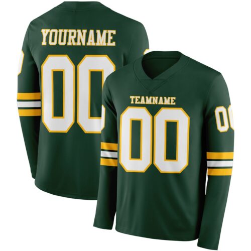 Custom Green White-Gold Long Sleeve Authentic Football Jersey
