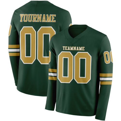 Custom Green Old Gold-White Long Sleeve Authentic Football Jersey