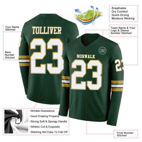 Custom Green White-Old Gold Long Sleeve Authentic Football Jersey