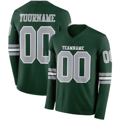Custom Green Gray-White Long Sleeve Authentic Football Jersey