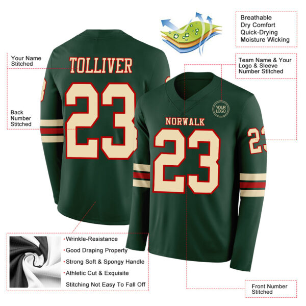 Custom Green Cream-Red Long Sleeve Authentic Football Jersey