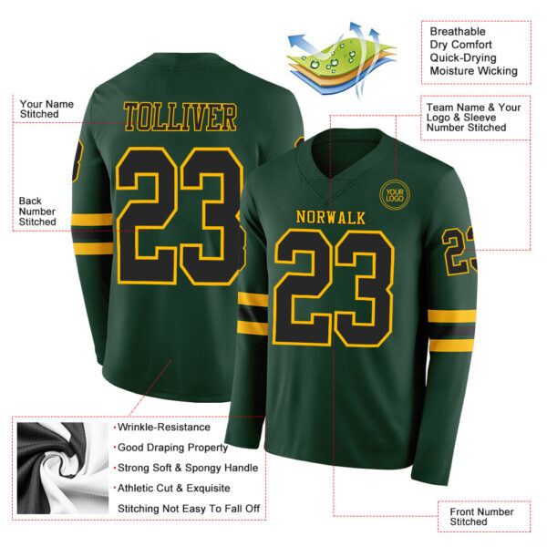 Custom Green Black-Gold Long Sleeve Authentic Football Jersey