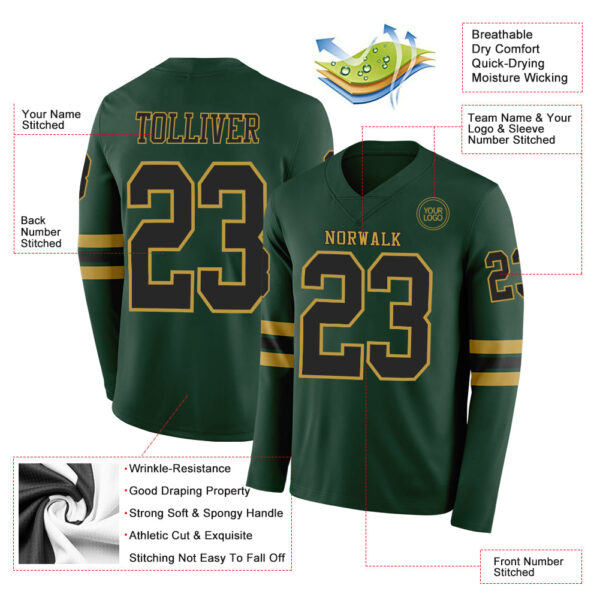 Custom Green Black-Old Gold Long Sleeve Authentic Football Jersey