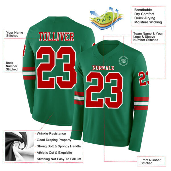 Custom Kelly Green Red-White Long Sleeve Authentic Football Jersey