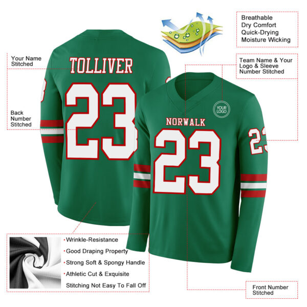 Custom Kelly Green White-Red Long Sleeve Authentic Football Jersey