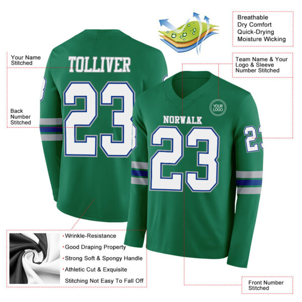 Custom Kelly Green White Royal-Gray Long Sleeve Authentic Football Jersey