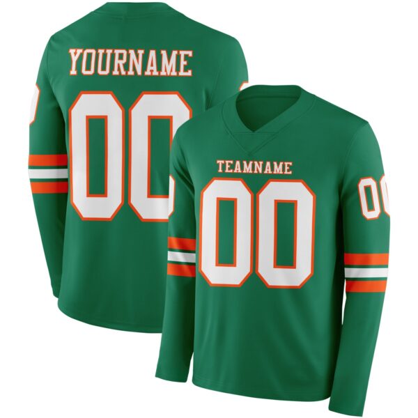 Custom Kelly Green White-Orange Long Sleeve Authentic Football Jersey