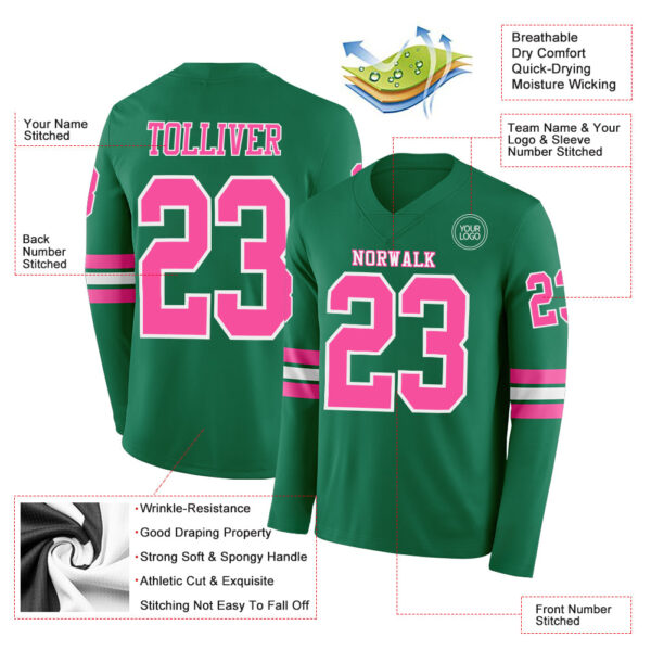 Custom Kelly Green Pink-White Long Sleeve Authentic Football Jersey