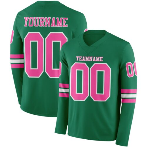 Custom Kelly Green Pink-White Long Sleeve Authentic Football Jersey
