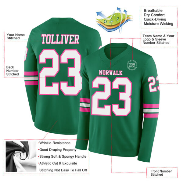 Custom Kelly Green White-Pink Long Sleeve Authentic Football Jersey