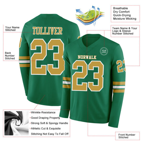 Custom Kelly Green Old Gold-White Long Sleeve Authentic Football Jersey