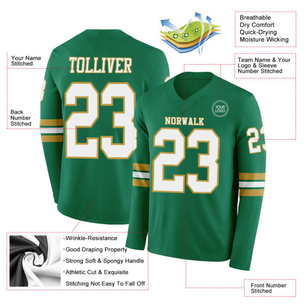Custom Kelly Green White-Old Gold Long Sleeve Authentic Football Jersey