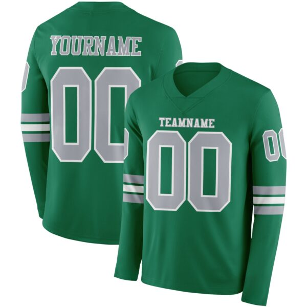 Custom Kelly Green Gray-White Long Sleeve Authentic Football Jersey