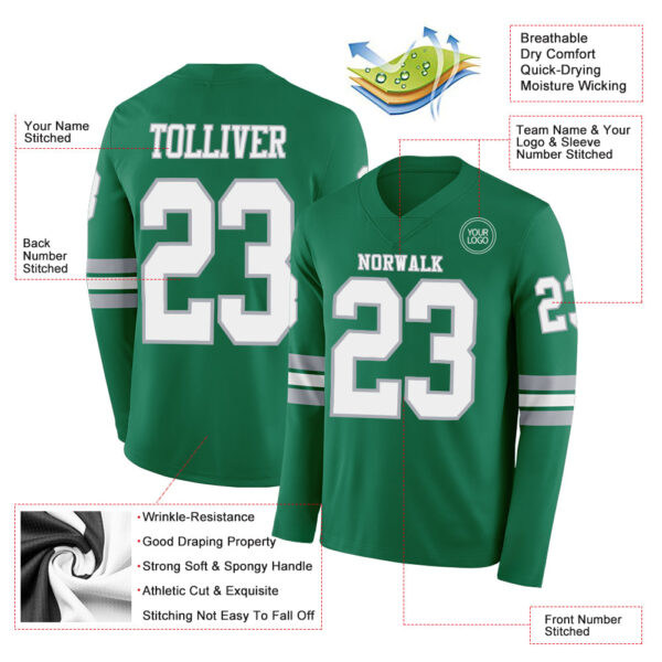 Custom Kelly Green White-Gray Long Sleeve Authentic Football Jersey