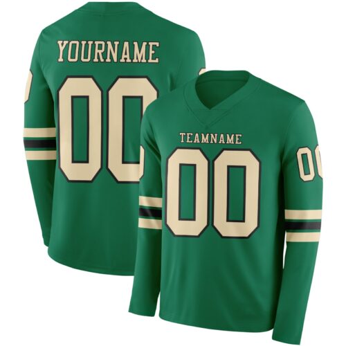 Custom Kelly Green Cream-Black Long Sleeve Authentic Football Jersey