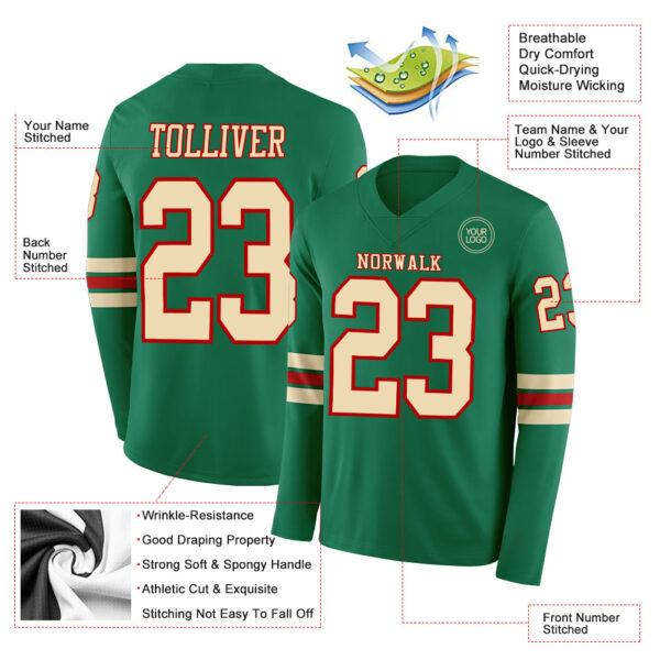 Custom Kelly Green Cream-Red Long Sleeve Authentic Football Jersey