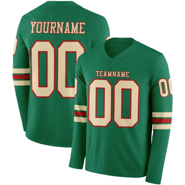 Custom Kelly Green Cream-Red Long Sleeve Authentic Football Jersey
