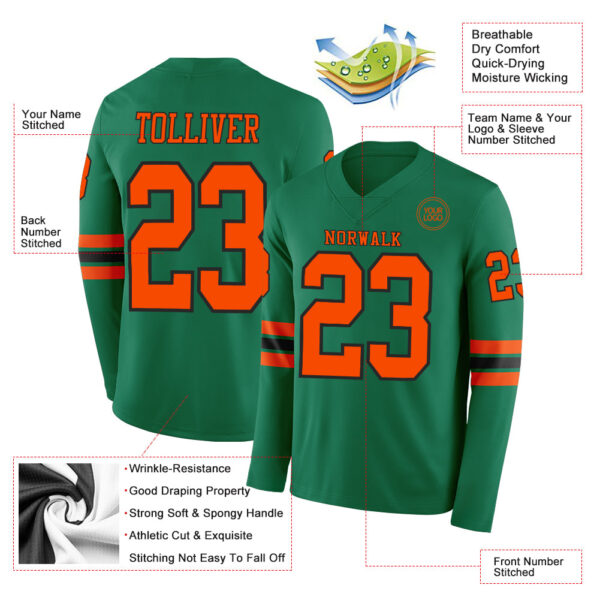 Custom Kelly Green Orange-Black Long Sleeve Authentic Football Jersey