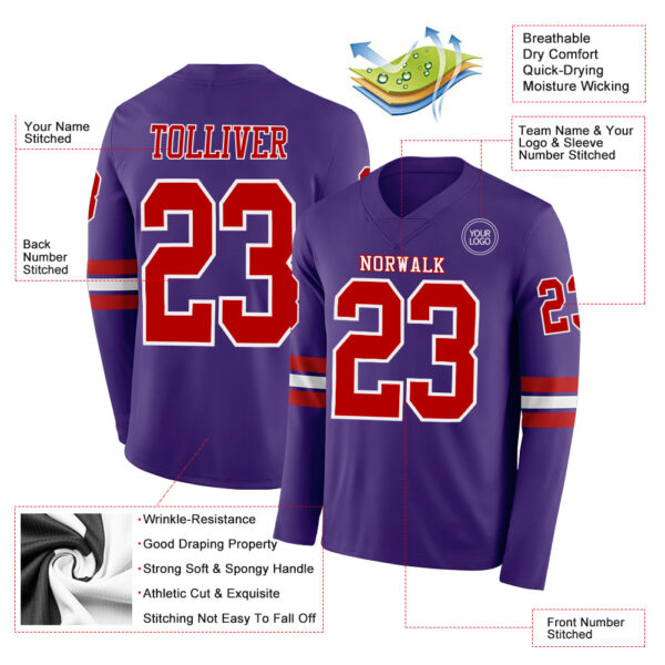 Custom Purple Red-White Long Sleeve Authentic Football Jersey