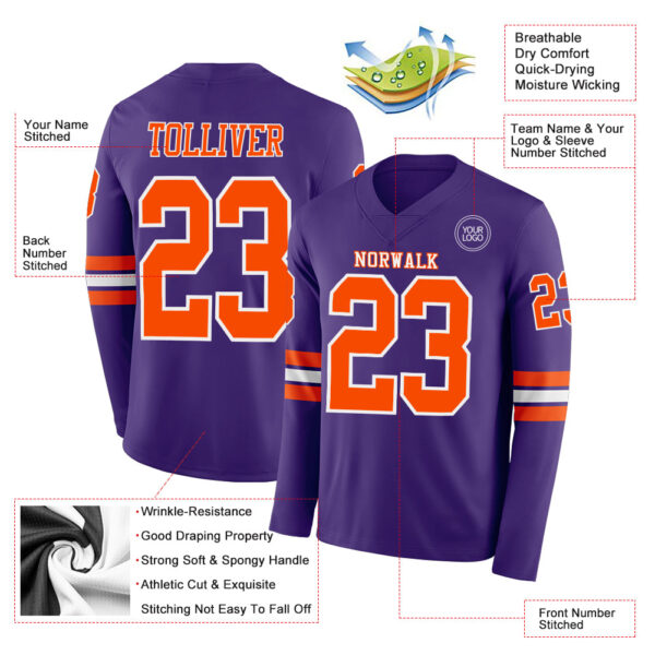Custom Purple Orange-White Long Sleeve Authentic Football Jersey