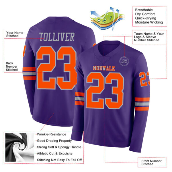 Custom Purple Orange-Gray Long Sleeve Authentic Football Jersey