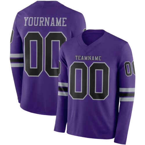 Custom Purple Black-Gray Long Sleeve Authentic Football Jersey